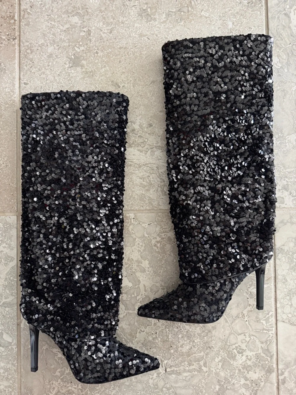 INC Skylar Knee-High Black Sequin Dress Boots, Size 5, NEW in Box